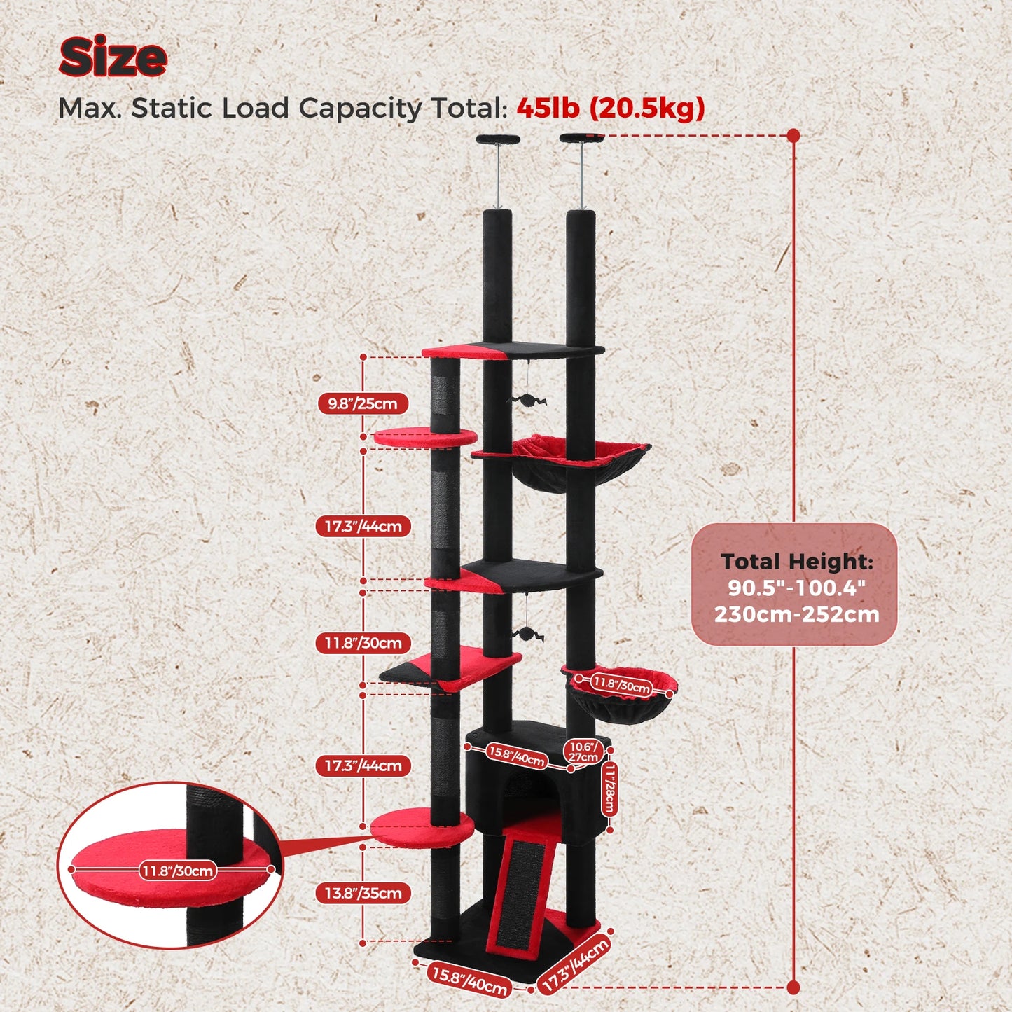 Floor to Ceiling Cat Tree, Scratching Posts, Adjustable Height, Indoor