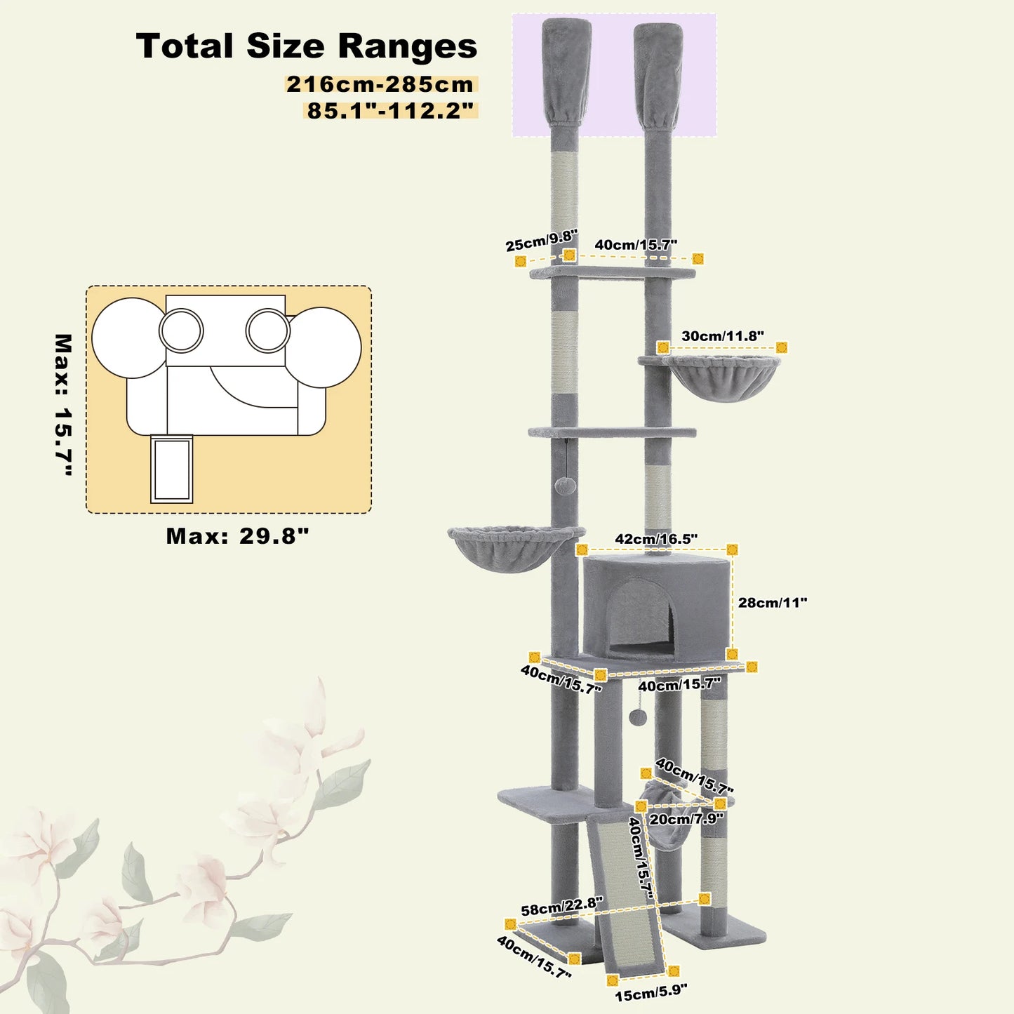 Floor to Ceiling Cat Tree, Scratching Posts, Adjustable Height, Indoor