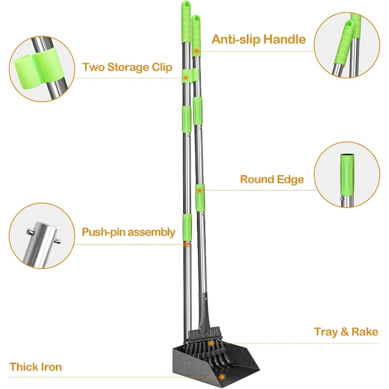 Dog Pooper Scooper Long Handle Stainless Metal Tray and Rake Heavy Duty