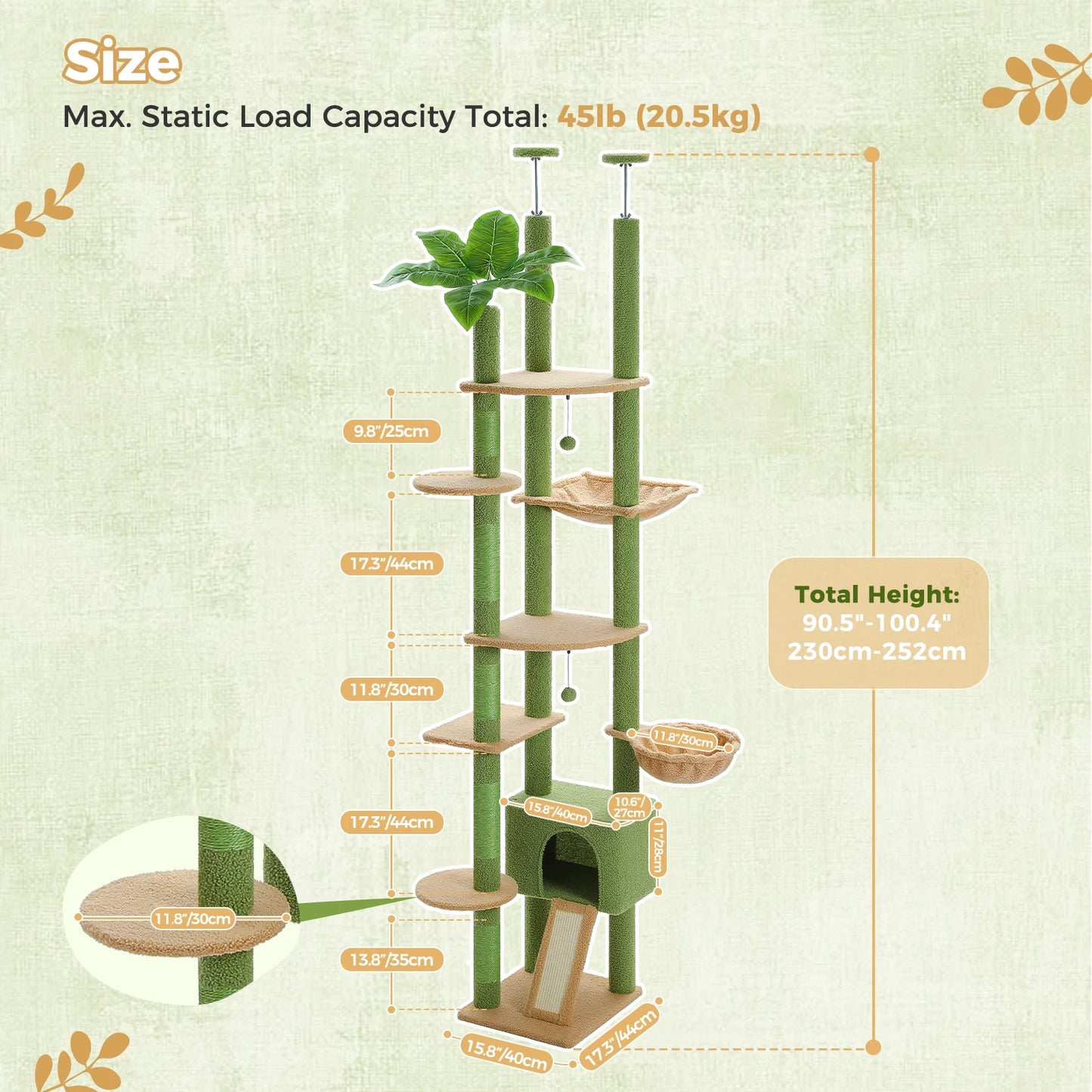 Floor to Ceiling Cat Tree, Scratching Posts, Adjustable Height, Indoor