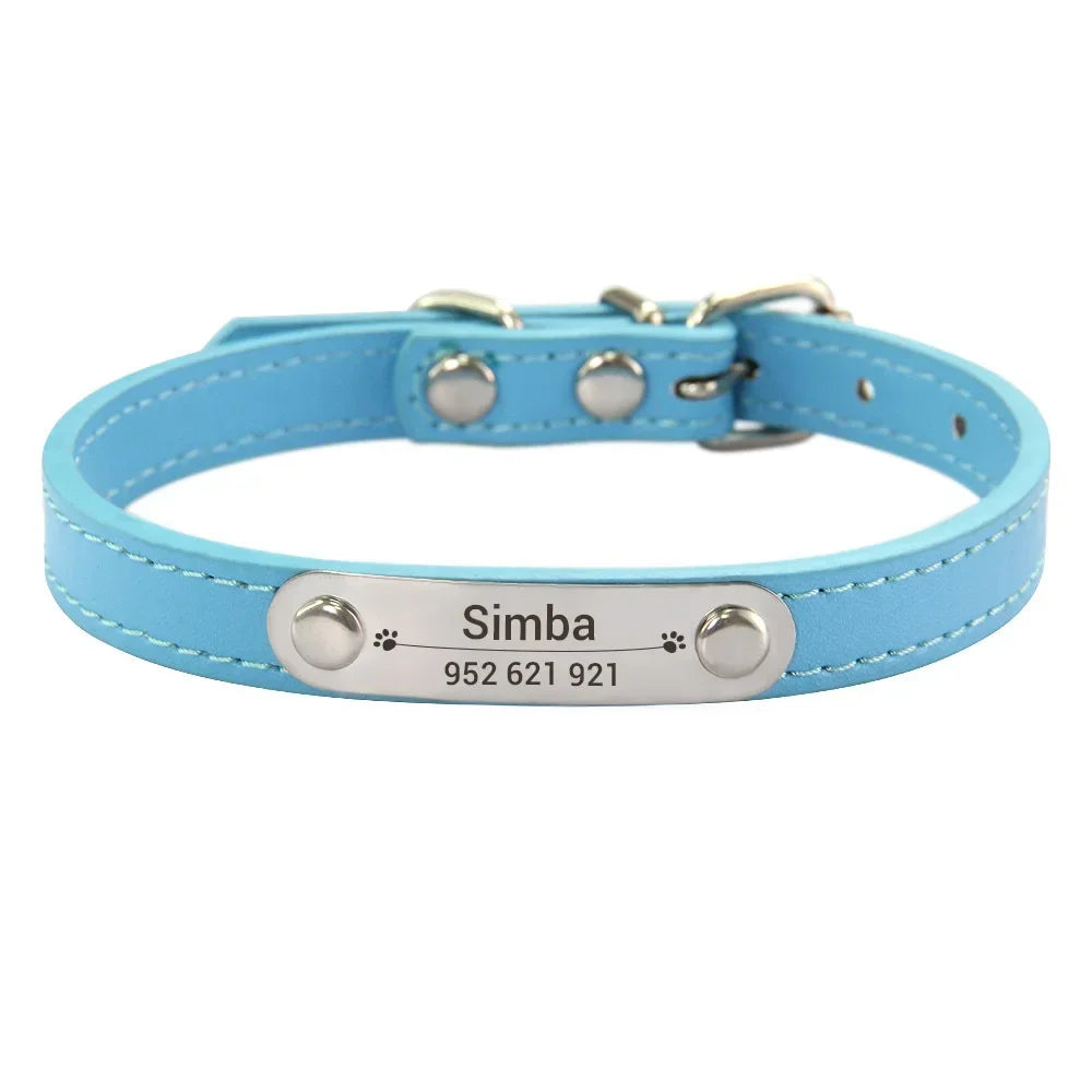 Personalized Dog and Cat Collar Name Carved 16 Colors Solid PU Leather Collar