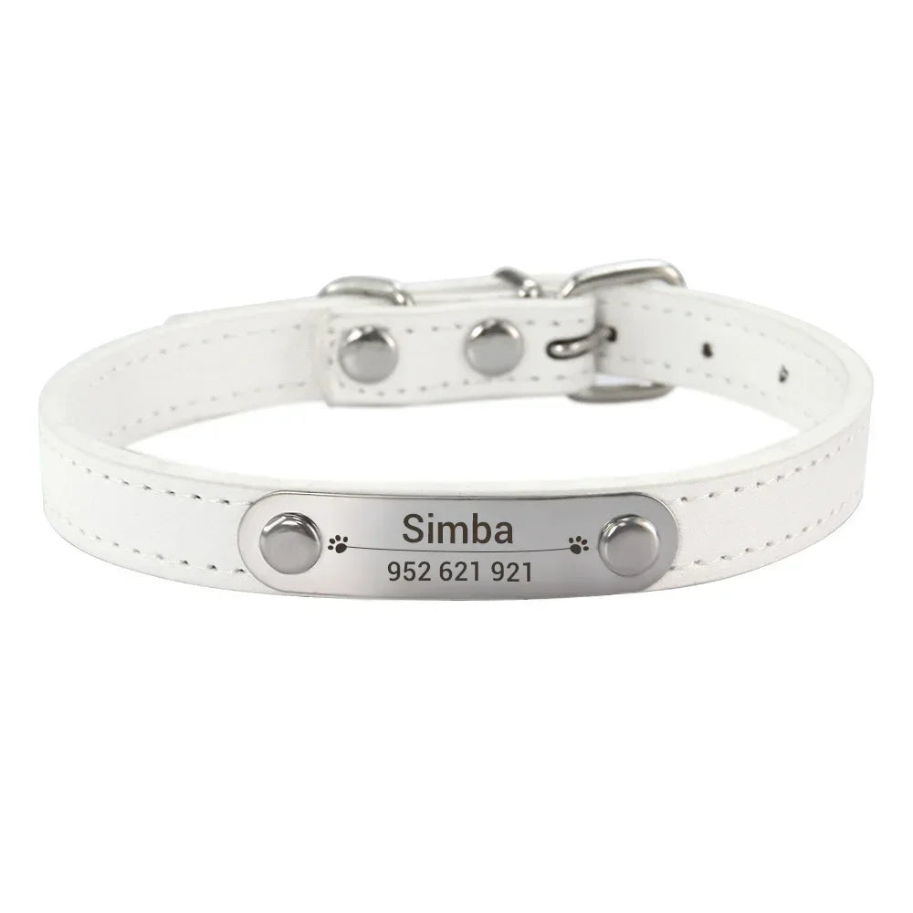 Personalized Dog and Cat Collar Name Carved 16 Colors Solid PU Leather Collar