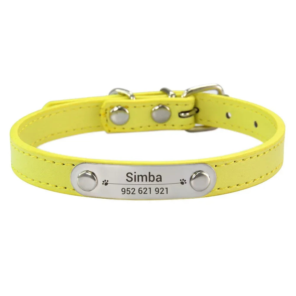 Personalized Dog and Cat Collar Name Carved 16 Colors Solid PU Leather Collar
