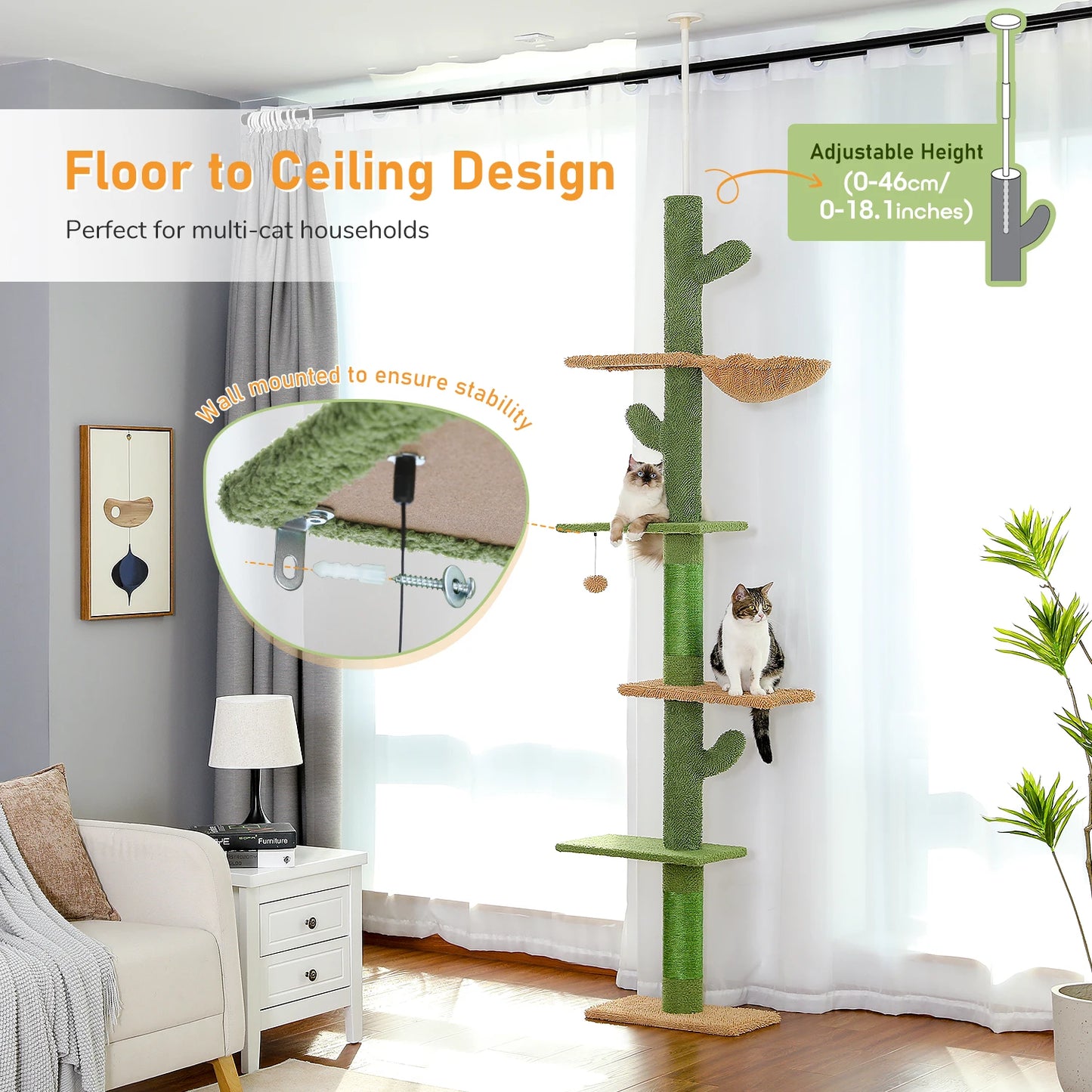 Cat Tree 5-Tier Floor to Ceiling, Tower Cactus Tall Climbing Tree, Scratching Post Hammock, Dangling Ball for Indoor Cats