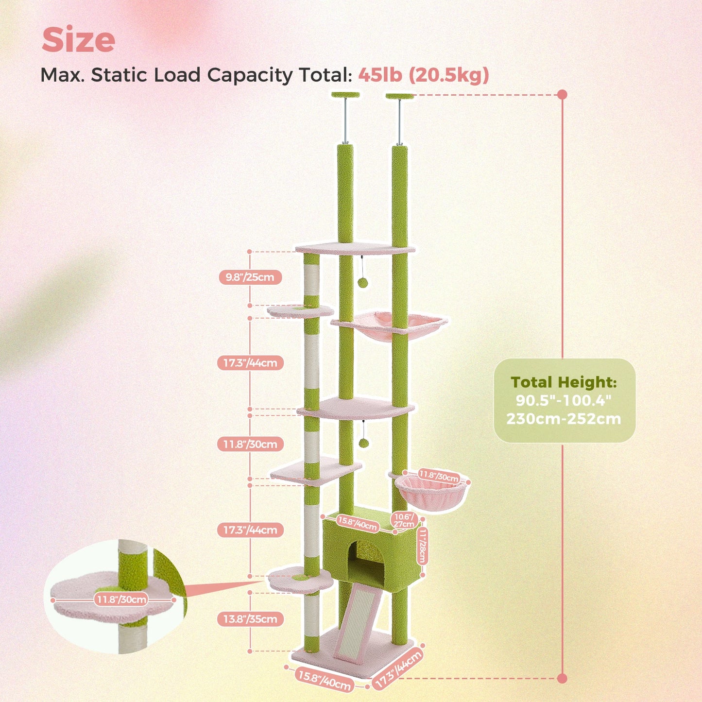 Floor to Ceiling Cat Tree, Scratching Posts, Adjustable Height, Indoor