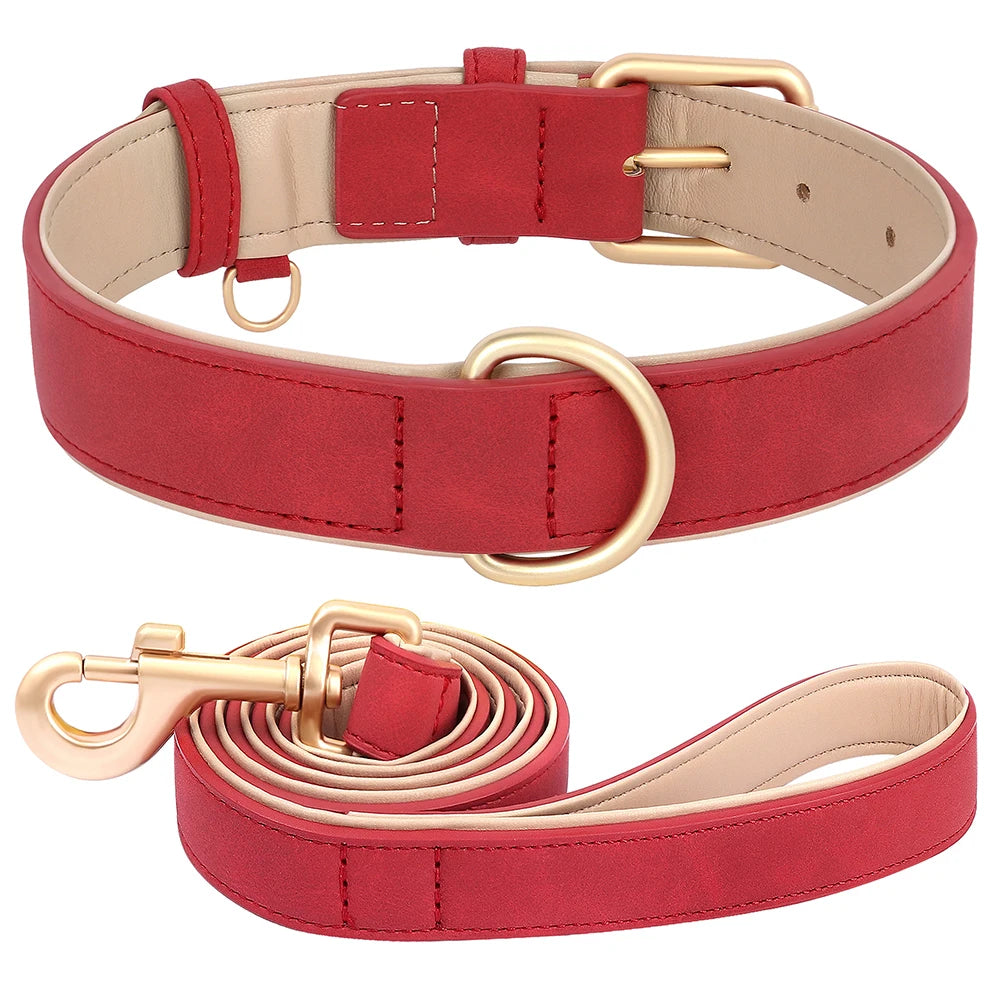 Soft Padded Dog Collar Leash Set PU Leather  Necklace With Walking Lead Rope Adjustable