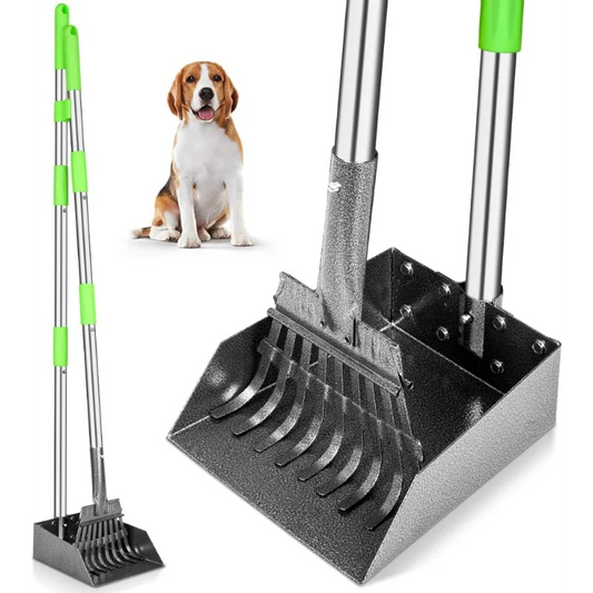 Dog Pooper Scooper Long Handle Stainless Metal Tray and Rake Heavy Duty