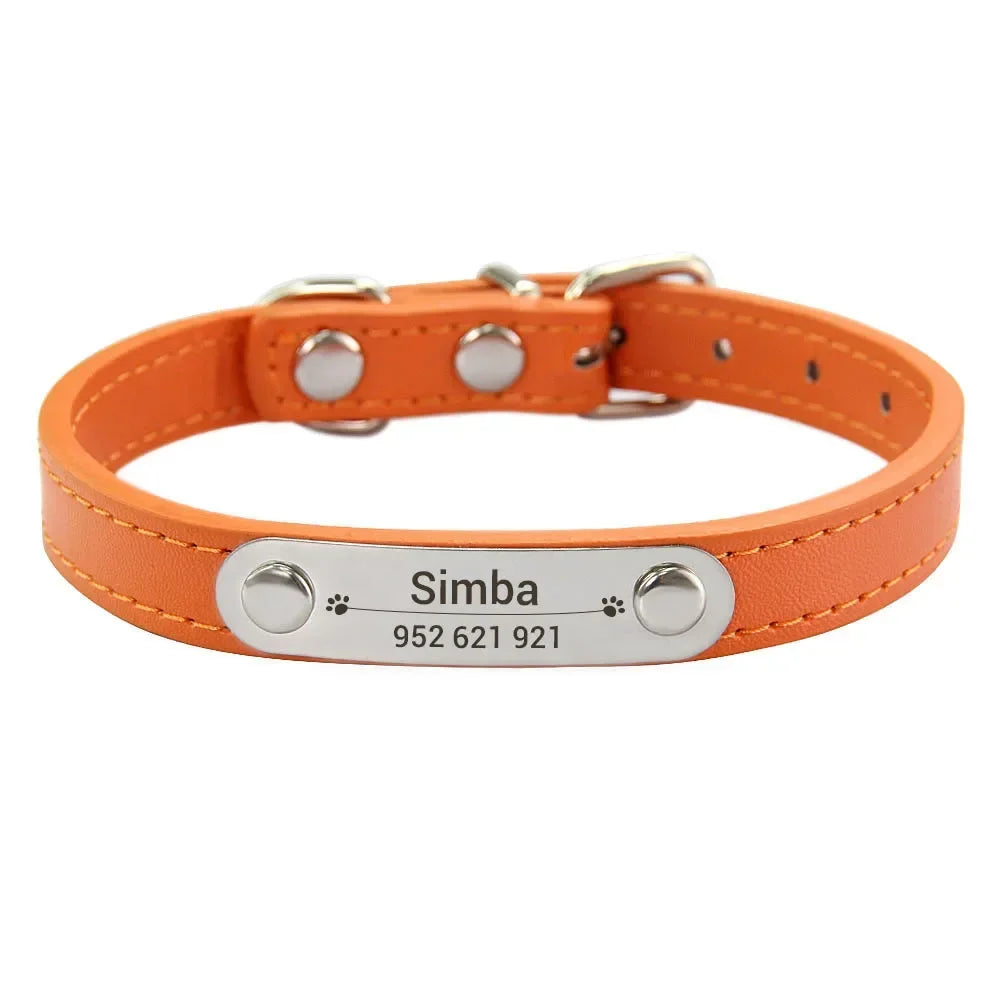 Personalized Dog and Cat Collar Name Carved 16 Colors Solid PU Leather Collar
