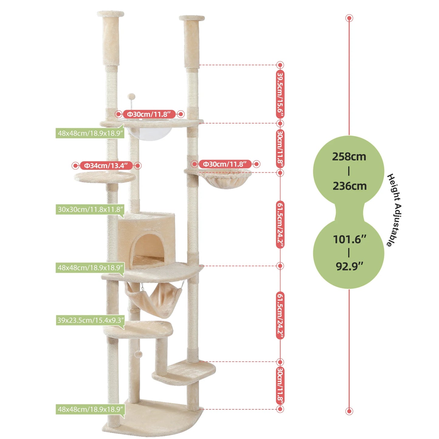 Floor to Ceiling Cat Tree, Scratching Posts, Adjustable Height, Indoor