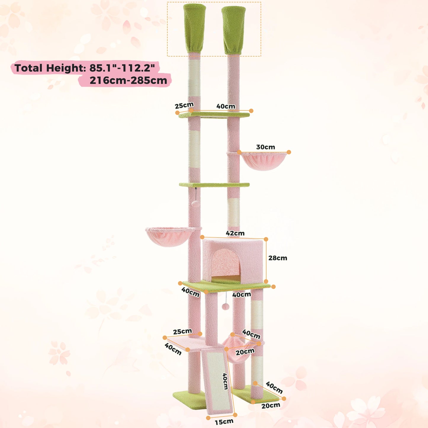 Floor to Ceiling Cat Tree, Scratching Posts, Adjustable Height, Indoor