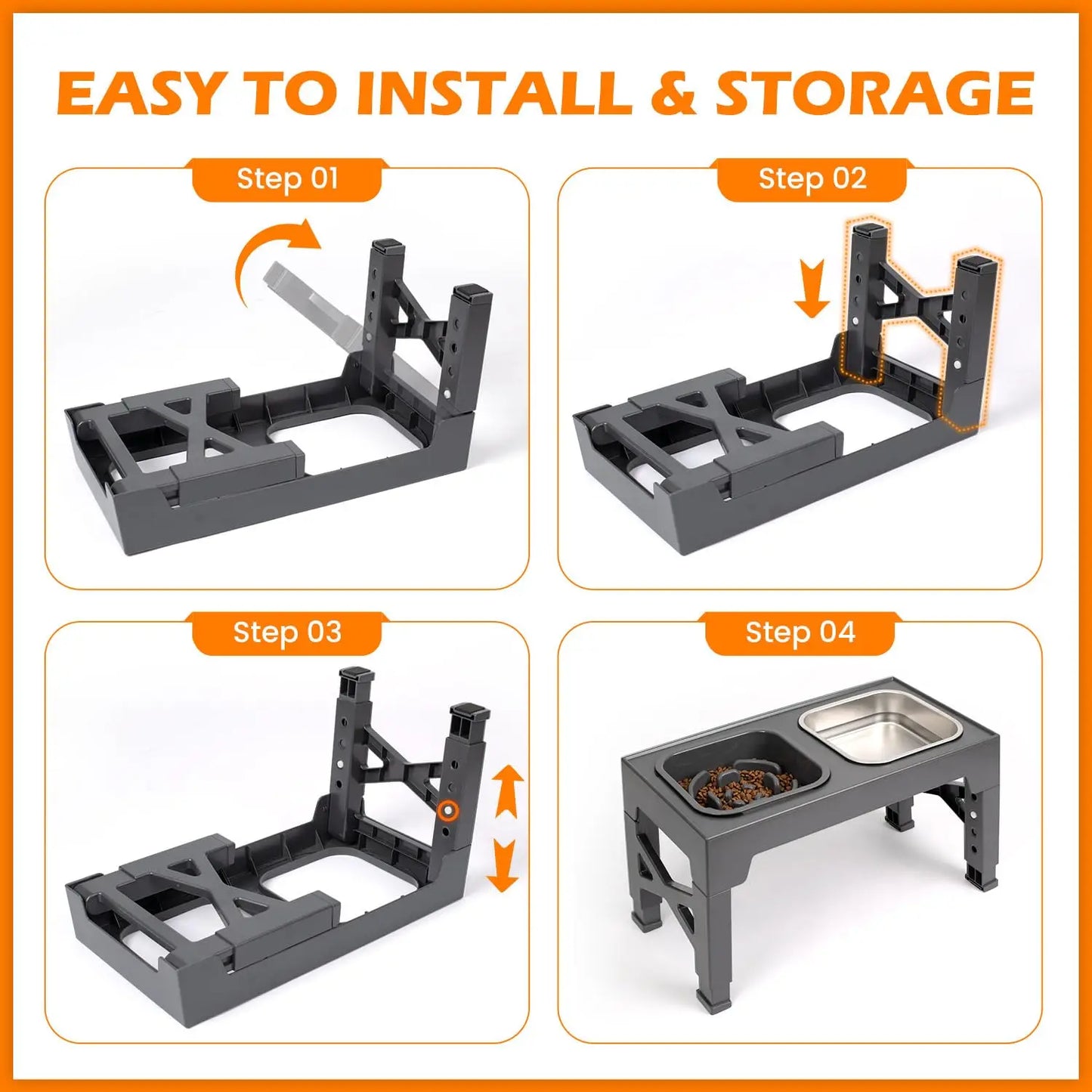 2-in-1 Elevated Slow Feeder Dog Bowls, Non-Slip Stainless Steel/Plastic/ Foldable Stand