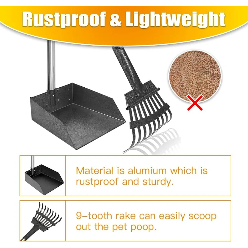 Dog Pooper Scooper Long Handle Stainless Metal Tray and Rake Heavy Duty
