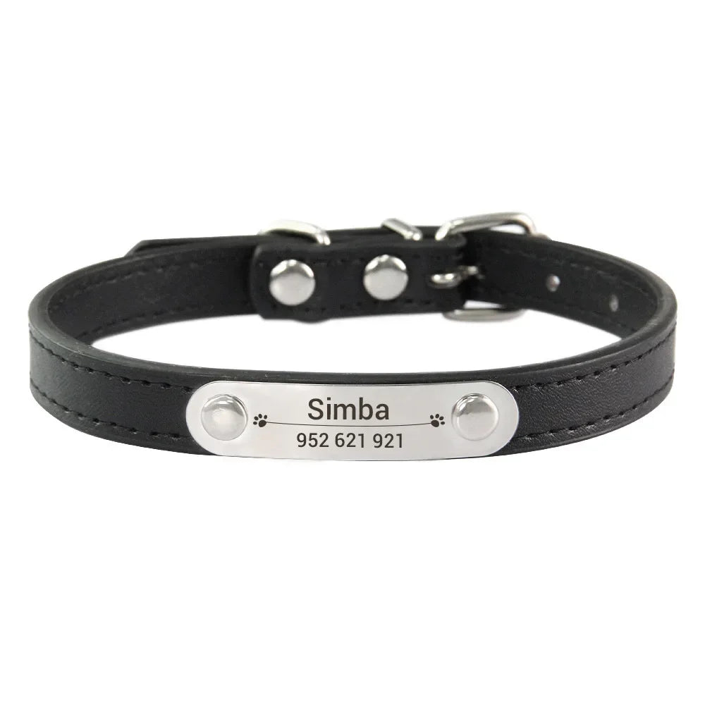 Personalized Dog and Cat Collar Name Carved 16 Colors Solid PU Leather Collar