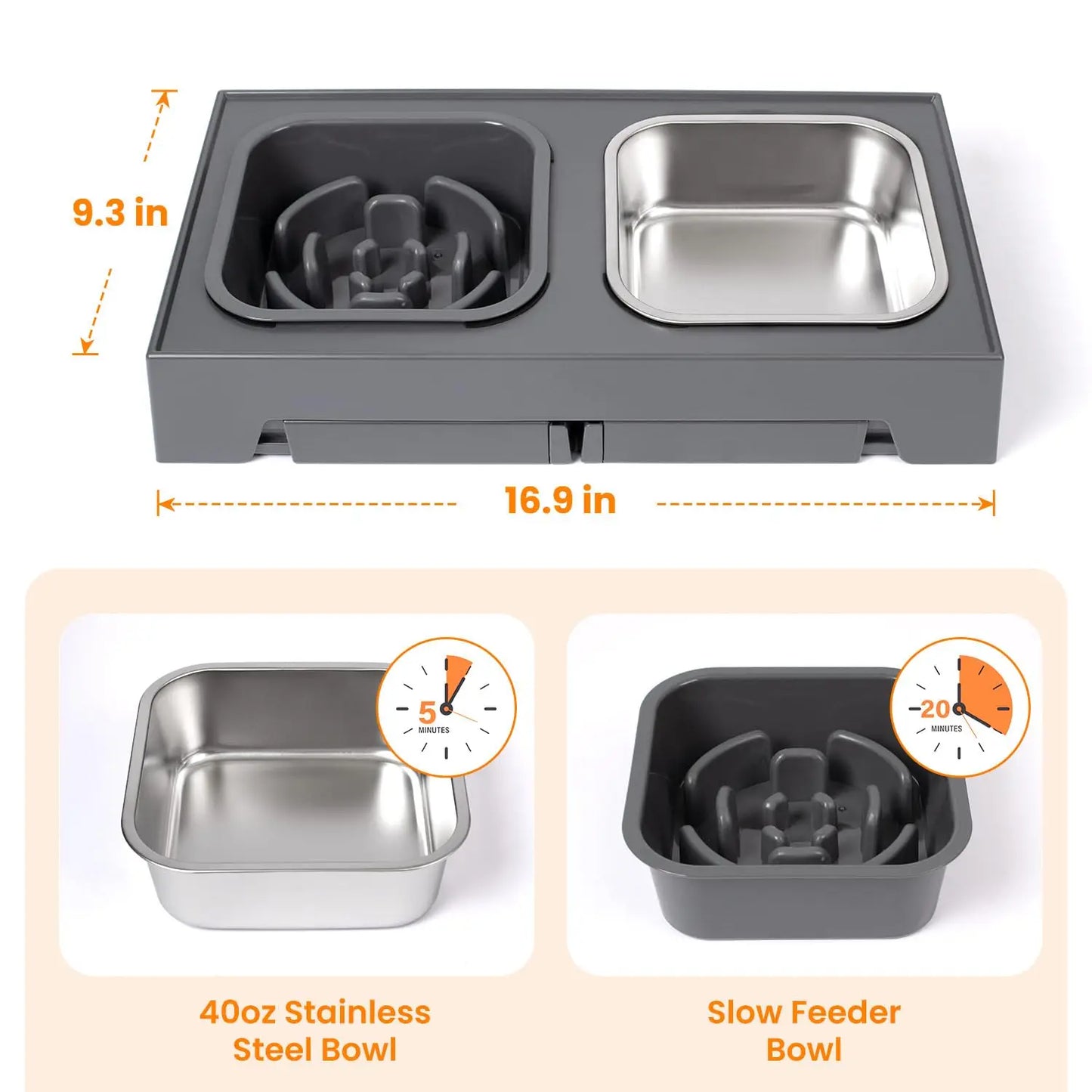 2-in-1 Elevated Slow Feeder Dog Bowls, Non-Slip Stainless Steel/Plastic/ Foldable Stand