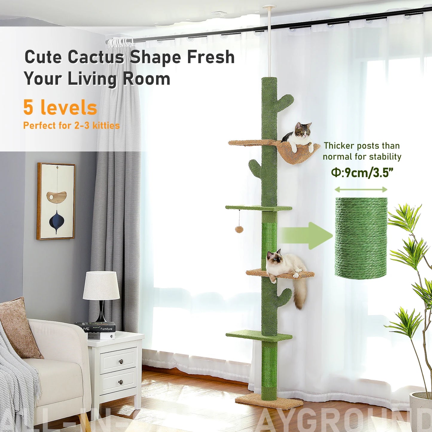 Cat Tree 5-Tier Floor to Ceiling, Tower Cactus Tall Climbing Tree, Scratching Post Hammock, Dangling Ball for Indoor Cats