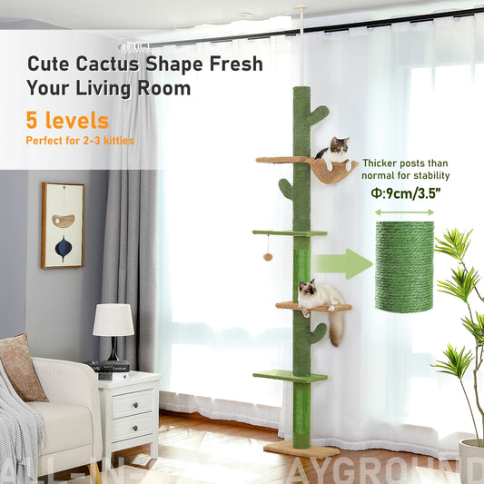 Cat Tree 5-Tier Floor to Ceiling, Tower Cactus Tall Climbing Tree, Scratching Post Hammock, Dangling Ball for Indoor Cats