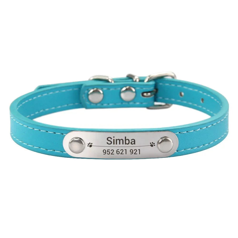 Personalized Dog and Cat Collar Name Carved 16 Colors Solid PU Leather Collar