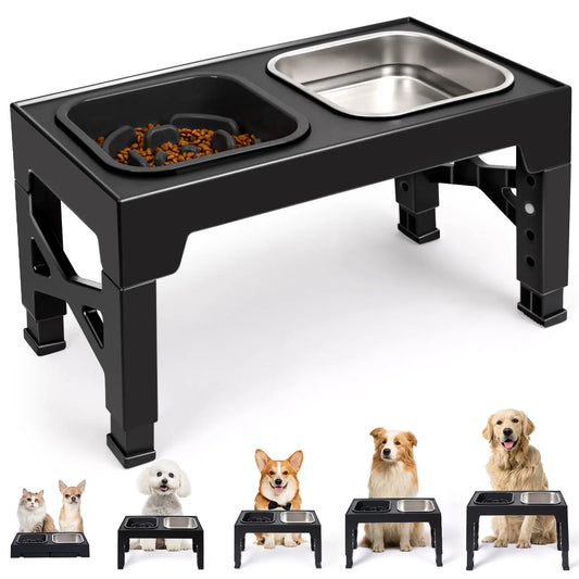 2-in-1 Elevated Slow Feeder Dog Bowls, Non-Slip Stainless Steel/Plastic/ Foldable Stand