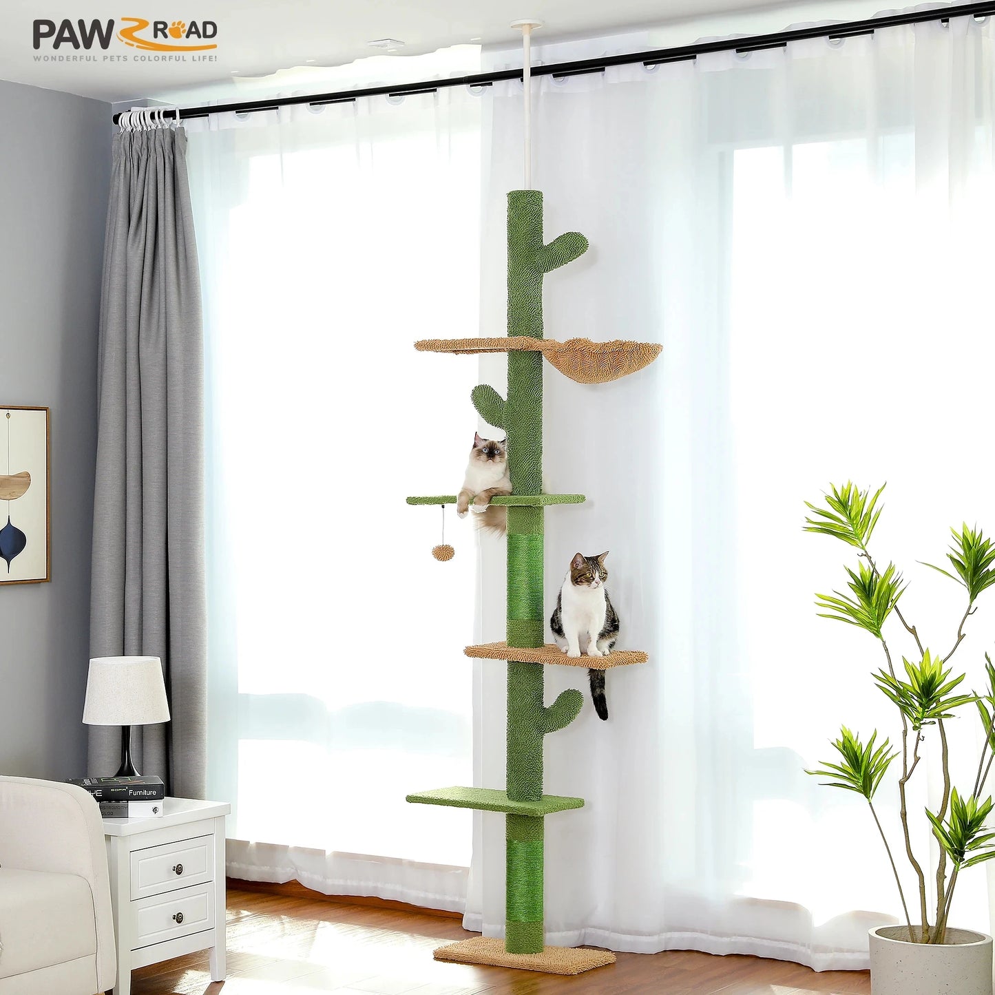 Cat Tree 5-Tier Floor to Ceiling, Tower Cactus Tall Climbing Tree, Scratching Post Hammock, Dangling Ball for Indoor Cats