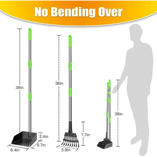 Dog Pooper Scooper Long Handle Stainless Metal Tray and Rake Heavy Duty