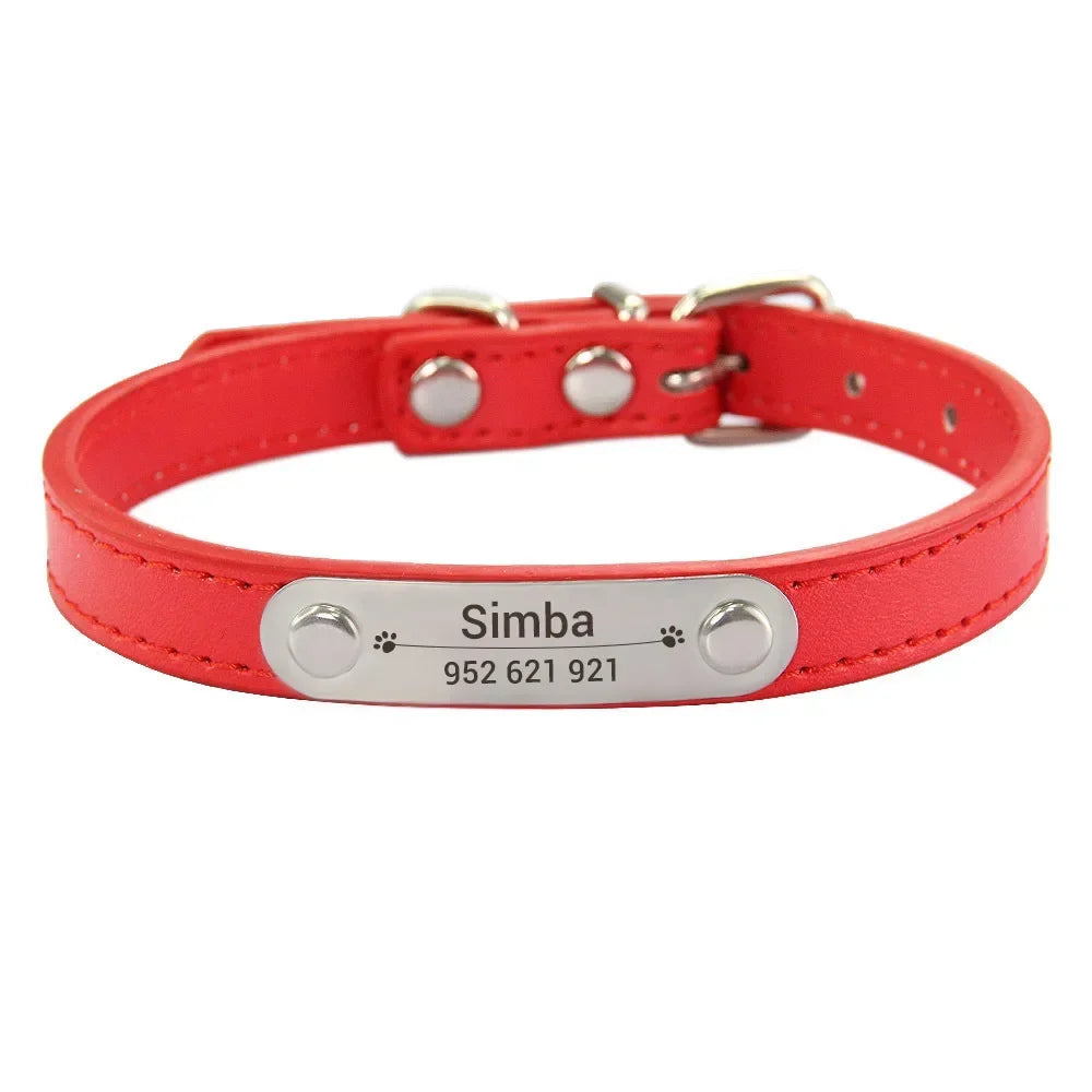 Personalized Dog and Cat Collar Name Carved 16 Colors Solid PU Leather Collar