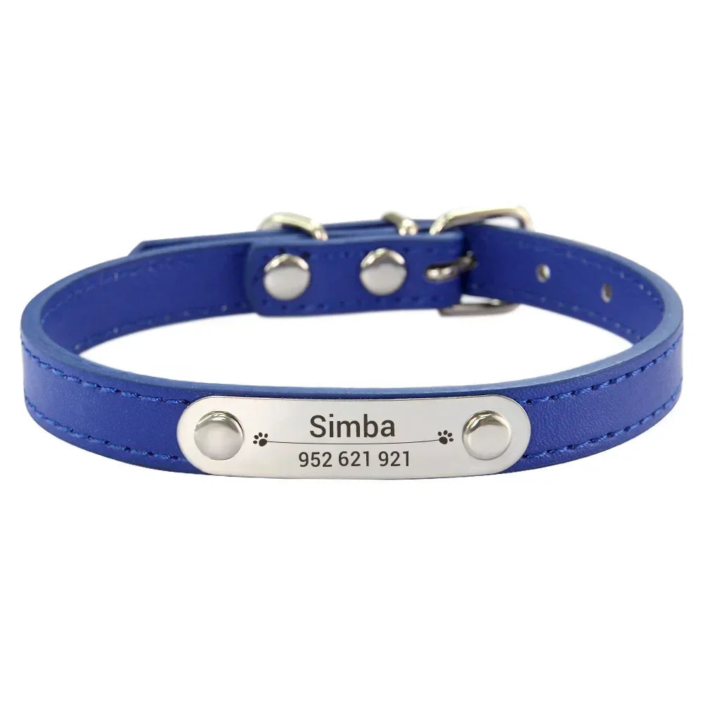 Personalized Dog and Cat Collar Name Carved 16 Colors Solid PU Leather Collar