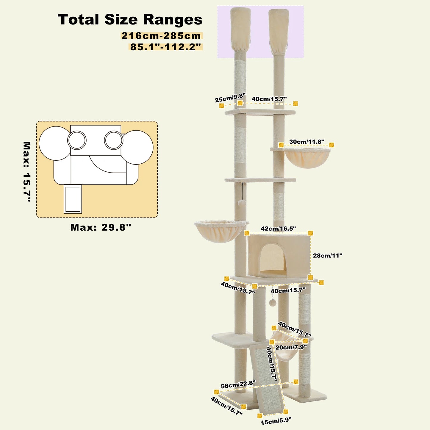 Floor to Ceiling Cat Tree, Scratching Posts, Adjustable Height, Indoor