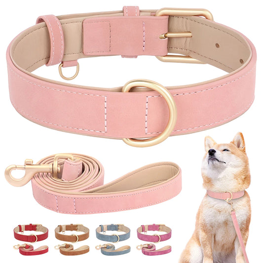 Soft Padded Dog Collar Leash Set PU Leather  Necklace With Walking Lead Rope Adjustable