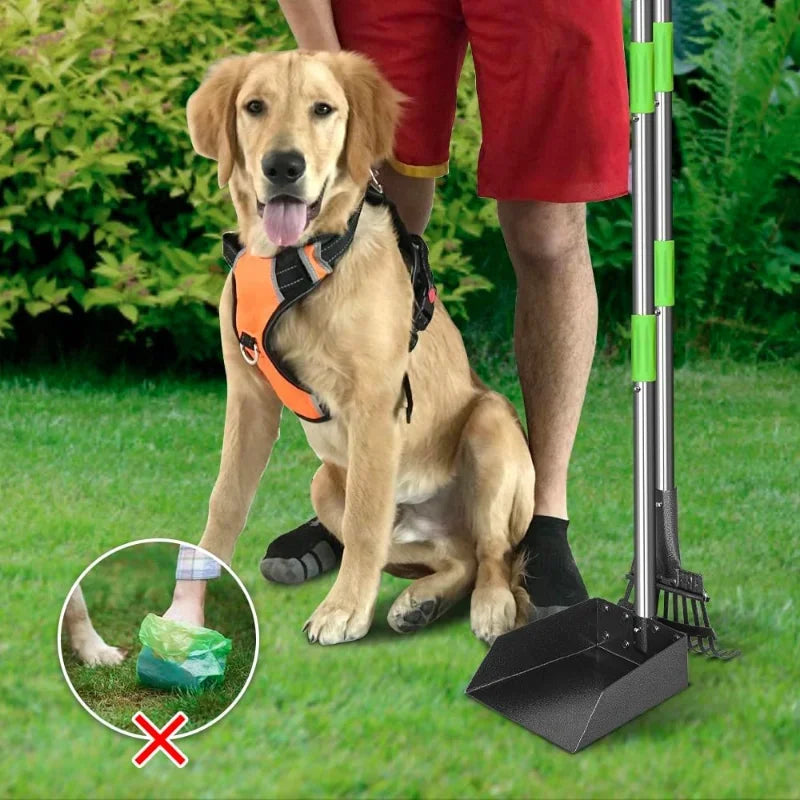 Dog Pooper Scooper Long Handle Stainless Metal Tray and Rake Heavy Duty