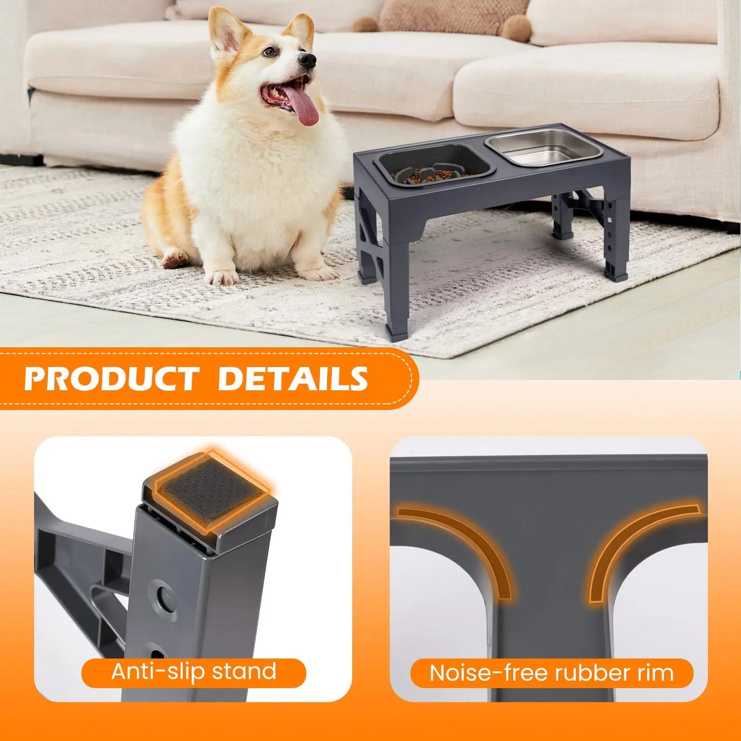 2-in-1 Elevated Slow Feeder Dog Bowls, Non-Slip Stainless Steel/Plastic/ Foldable Stand