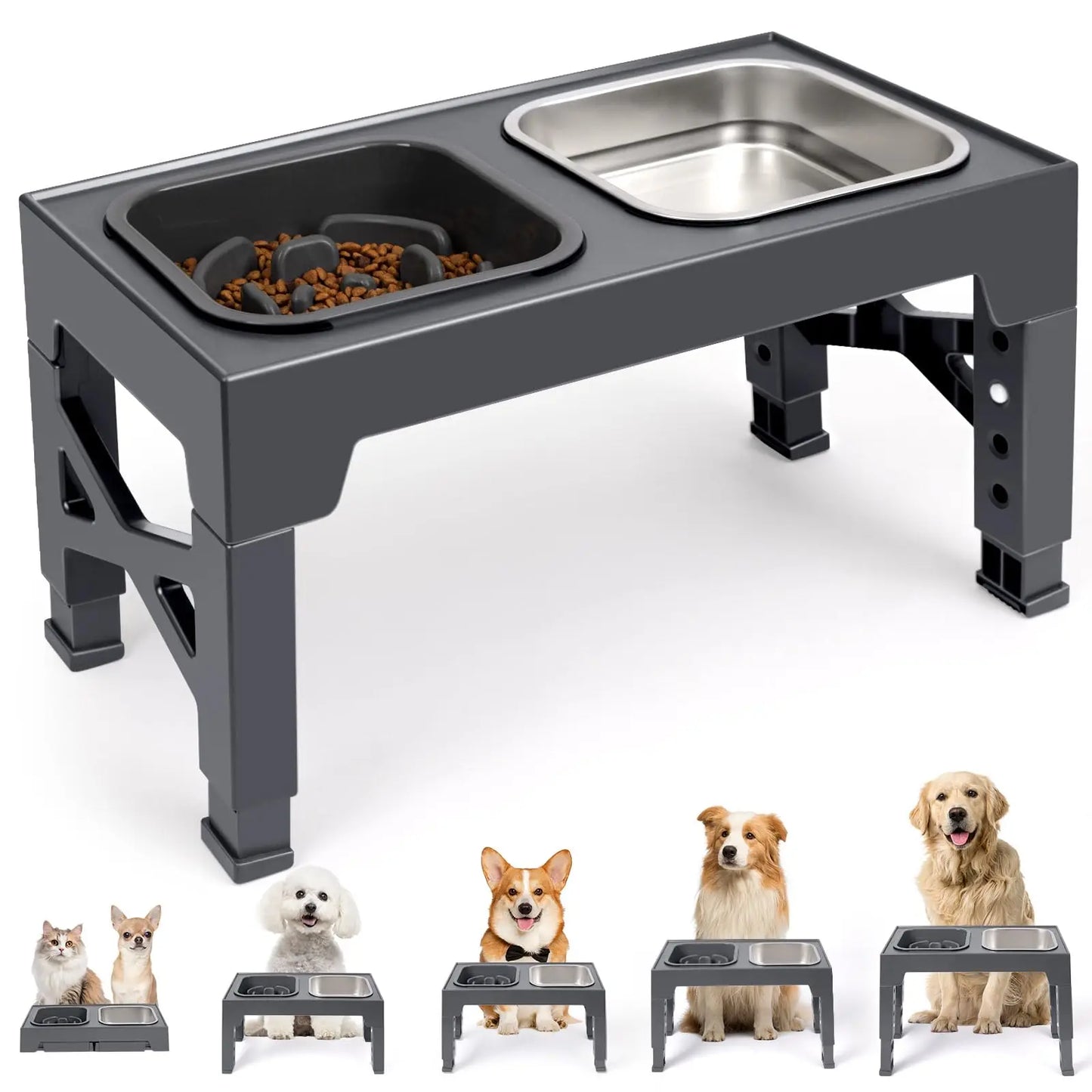 2-in-1 Elevated Slow Feeder Dog Bowls, Non-Slip Stainless Steel/Plastic/ Foldable Stand