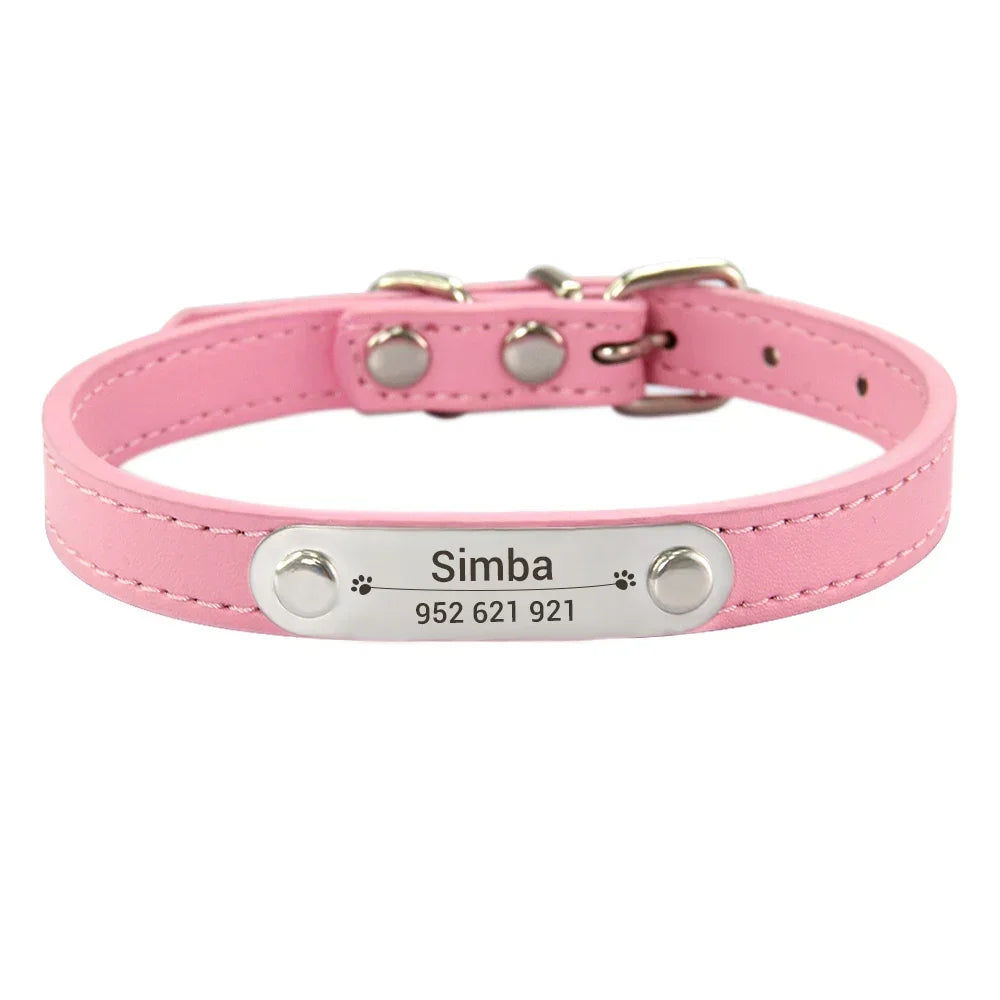 Personalized Dog and Cat Collar Name Carved 16 Colors Solid PU Leather Collar