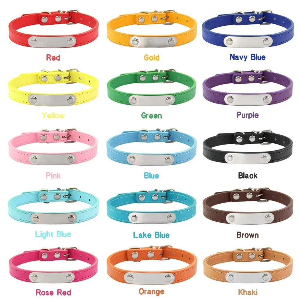 Personalized Dog and Cat Collar Name Carved 16 Colors Solid PU Leather Collar