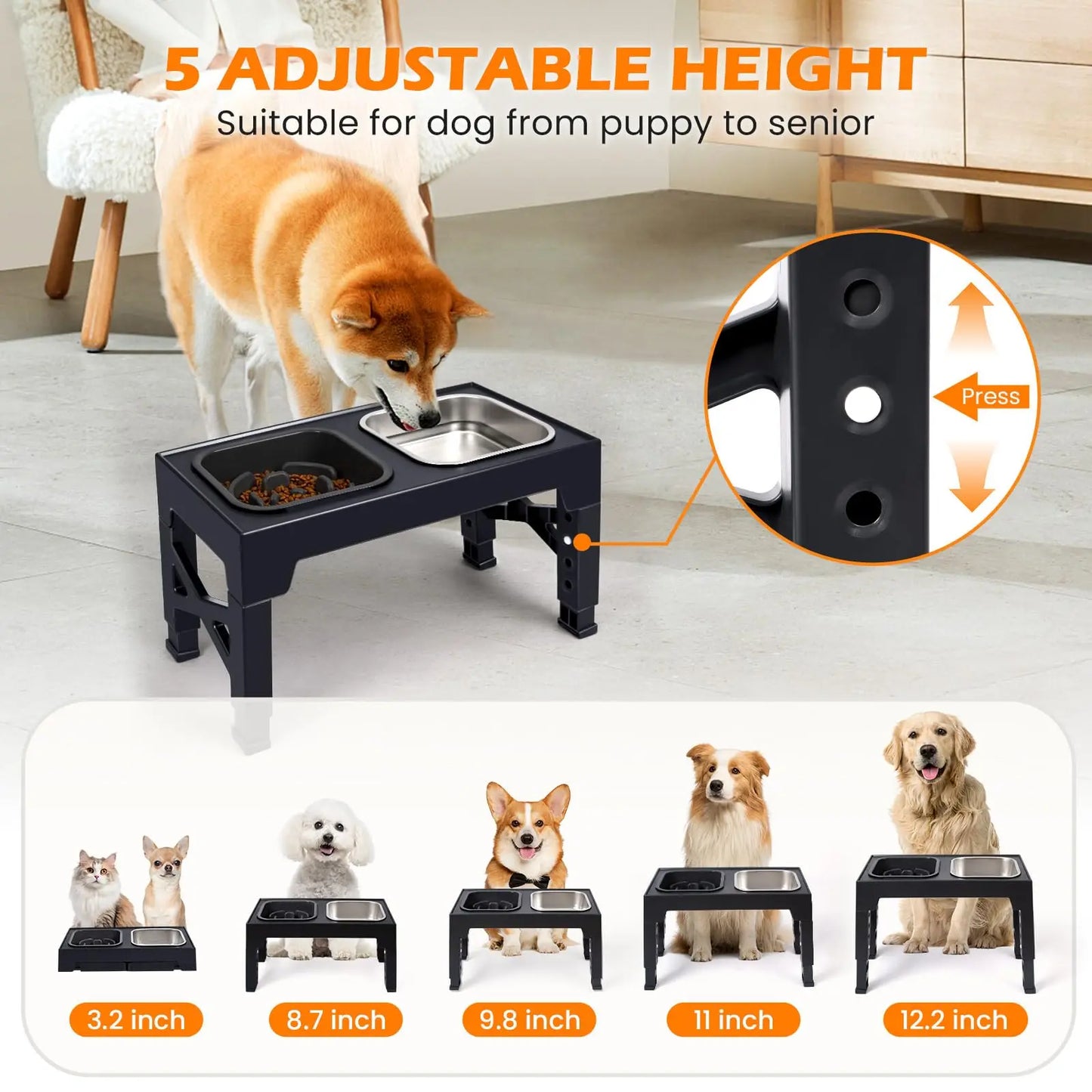 2-in-1 Elevated Slow Feeder Dog Bowls, Non-Slip Stainless Steel/Plastic/ Foldable Stand