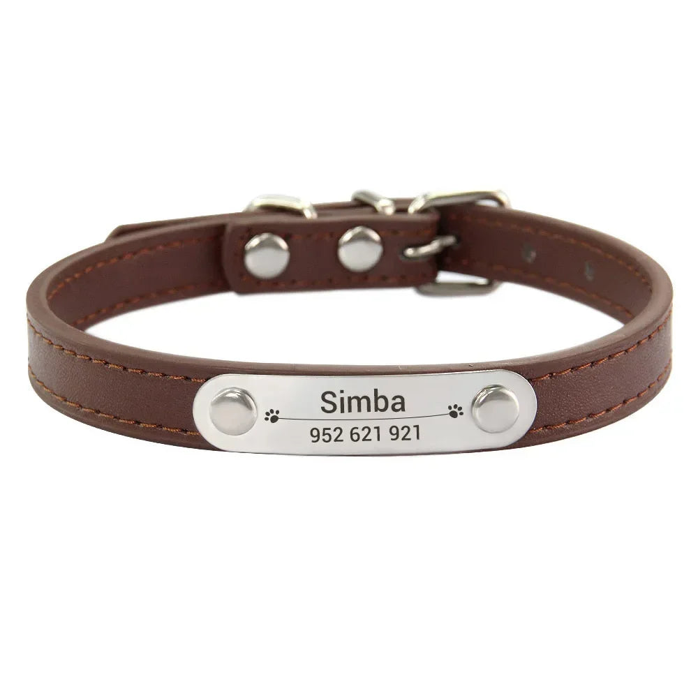 Personalized Dog and Cat Collar Name Carved 16 Colors Solid PU Leather Collar