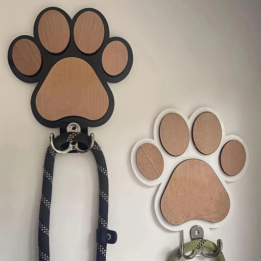 Paw Print Wooden Dog Leash Hanger Wall Hook for Collars & Coats