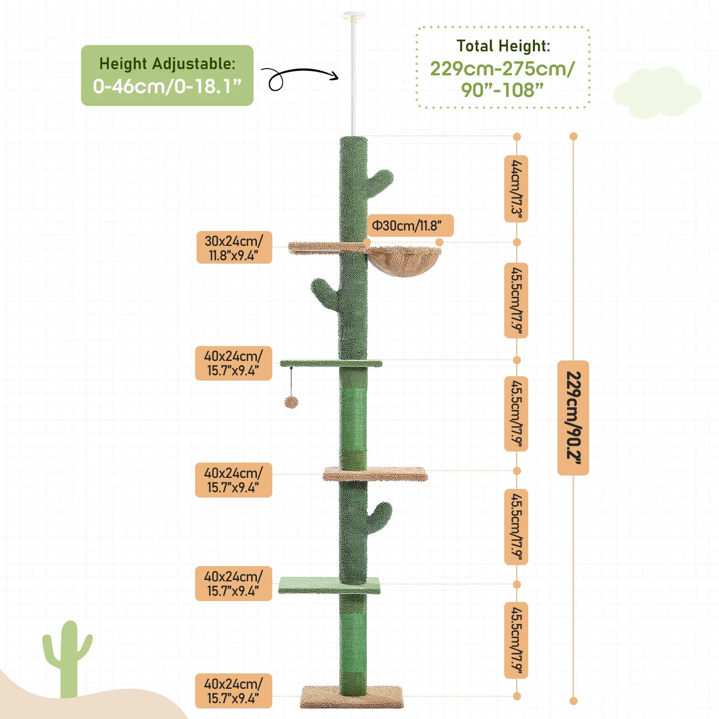 Cat Tree 5-Tier Floor to Ceiling, Tower Cactus Tall Climbing Tree, Scratching Post Hammock, Dangling Ball for Indoor Cats