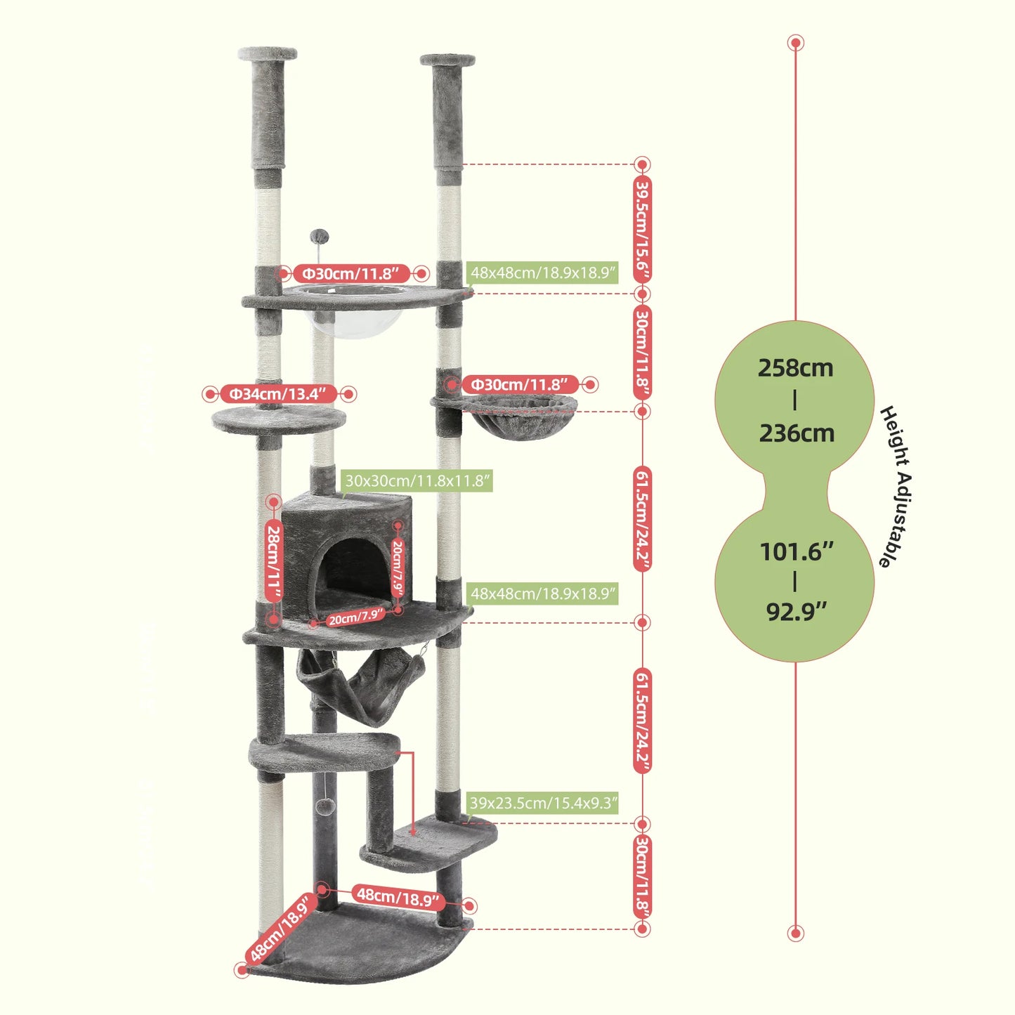 Floor to Ceiling Cat Tree, Scratching Posts, Adjustable Height, Indoor