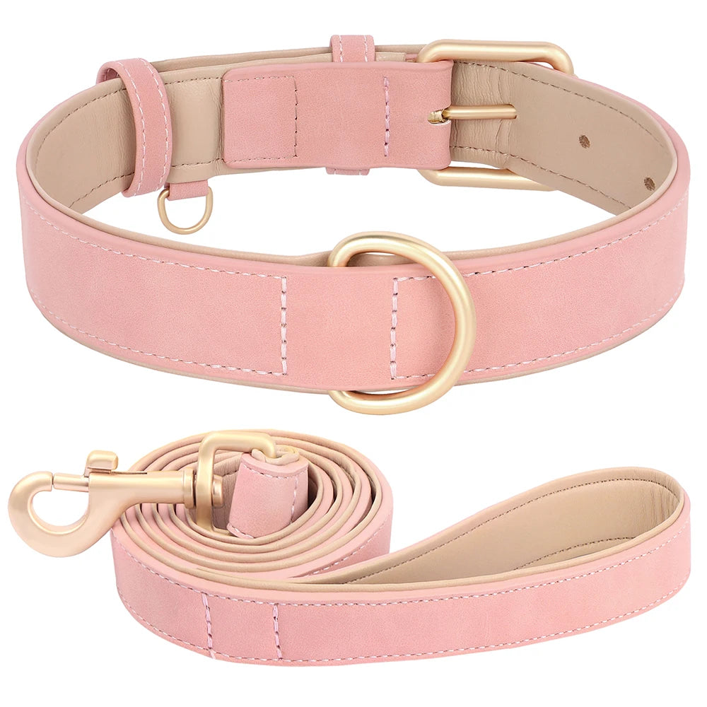 Soft Padded Dog Collar Leash Set PU Leather  Necklace With Walking Lead Rope Adjustable