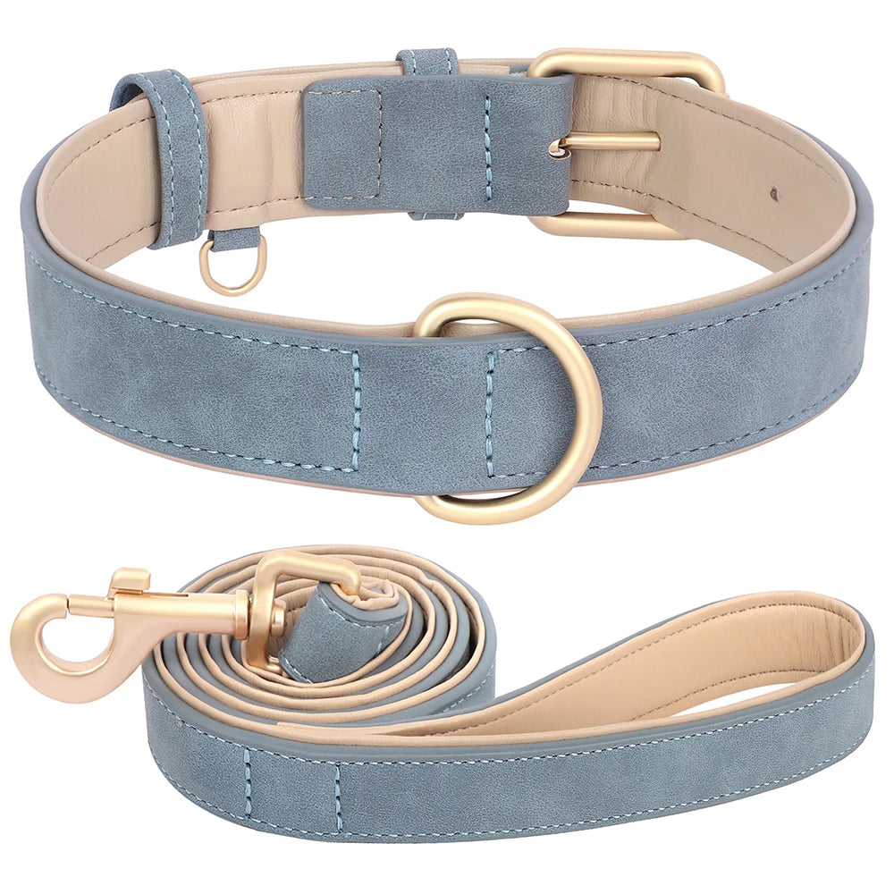 Soft Padded Dog Collar Leash Set PU Leather  Necklace With Walking Lead Rope Adjustable