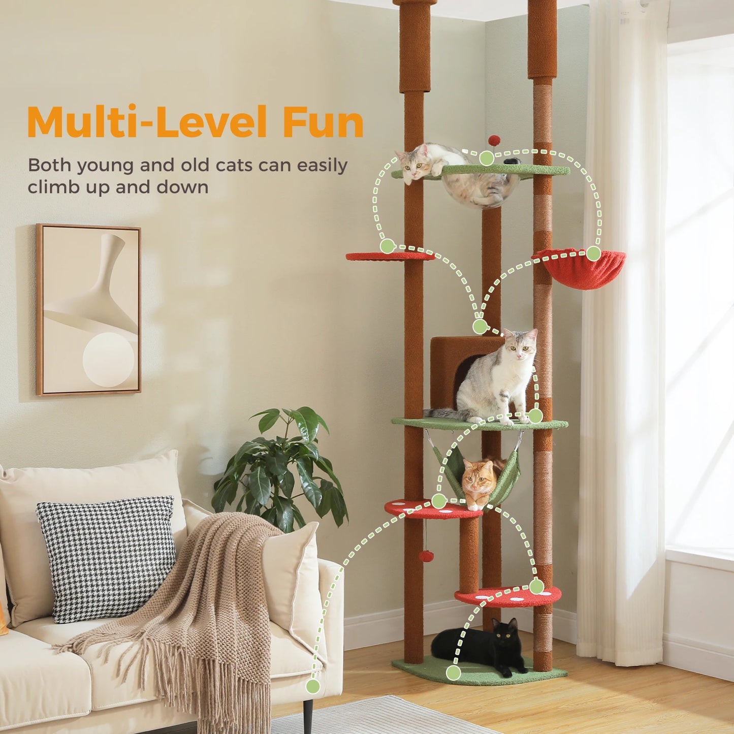 Floor to Ceiling Cat Tree, Scratching Posts, Adjustable Height, Indoor