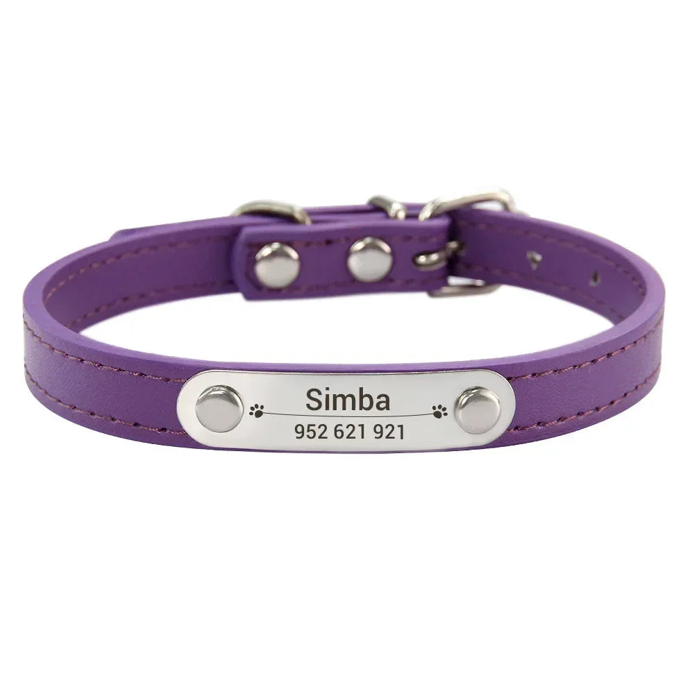 Personalized Dog and Cat Collar Name Carved 16 Colors Solid PU Leather Collar