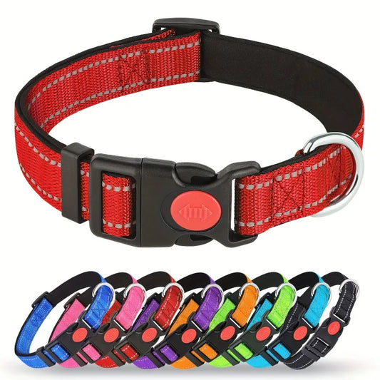 1 reflective dog collar with safety latch, adjustable soft neoprene liner and breathable nylon for small, medium and large dogs