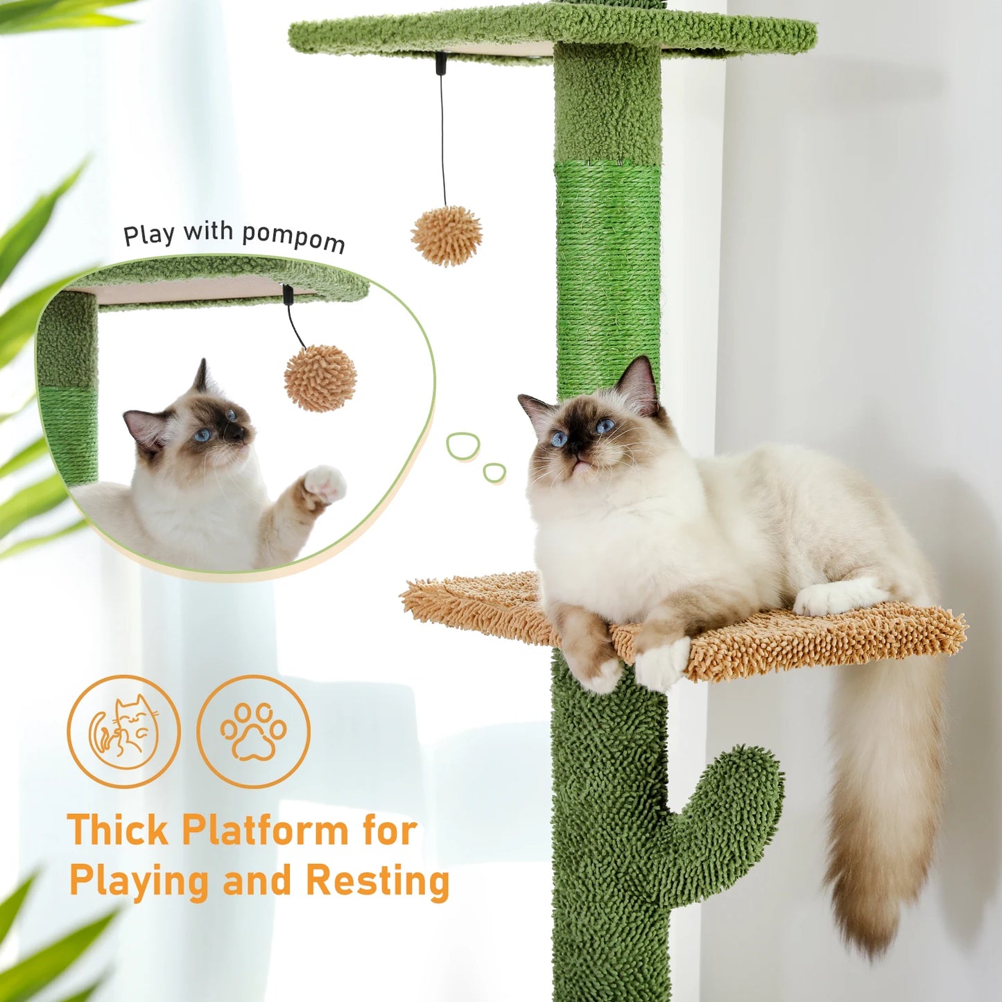 Cat Tree 5-Tier Floor to Ceiling, Tower Cactus Tall Climbing Tree, Scratching Post Hammock, Dangling Ball for Indoor Cats
