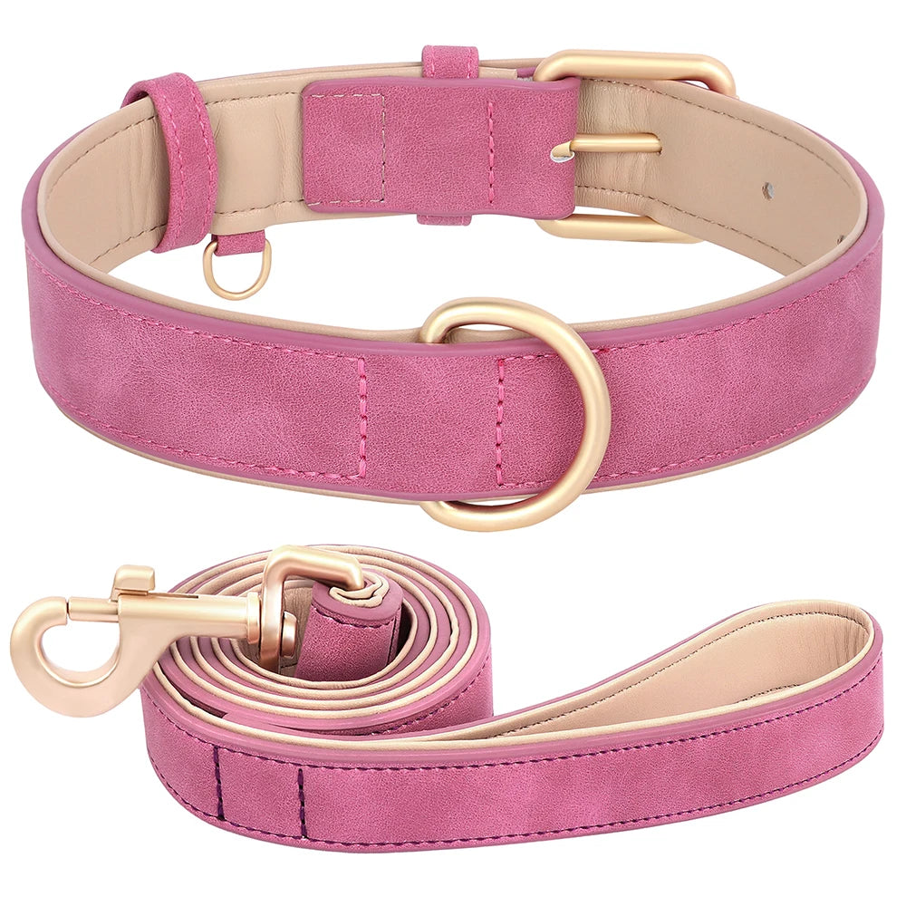 Soft Padded Dog Collar Leash Set PU Leather  Necklace With Walking Lead Rope Adjustable
