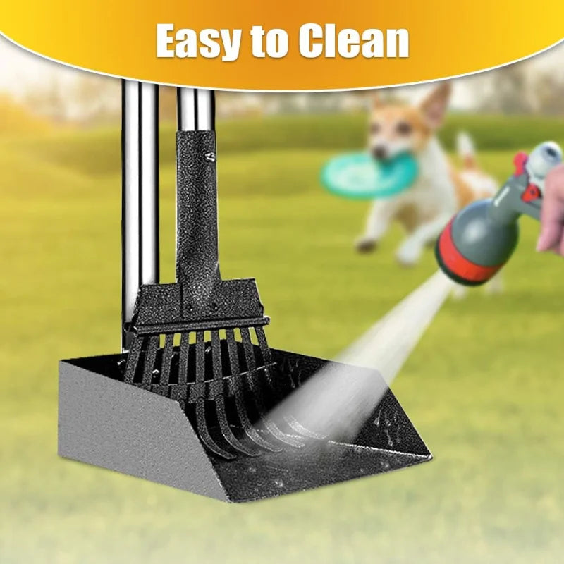 Dog Pooper Scooper Long Handle Stainless Metal Tray and Rake Heavy Duty