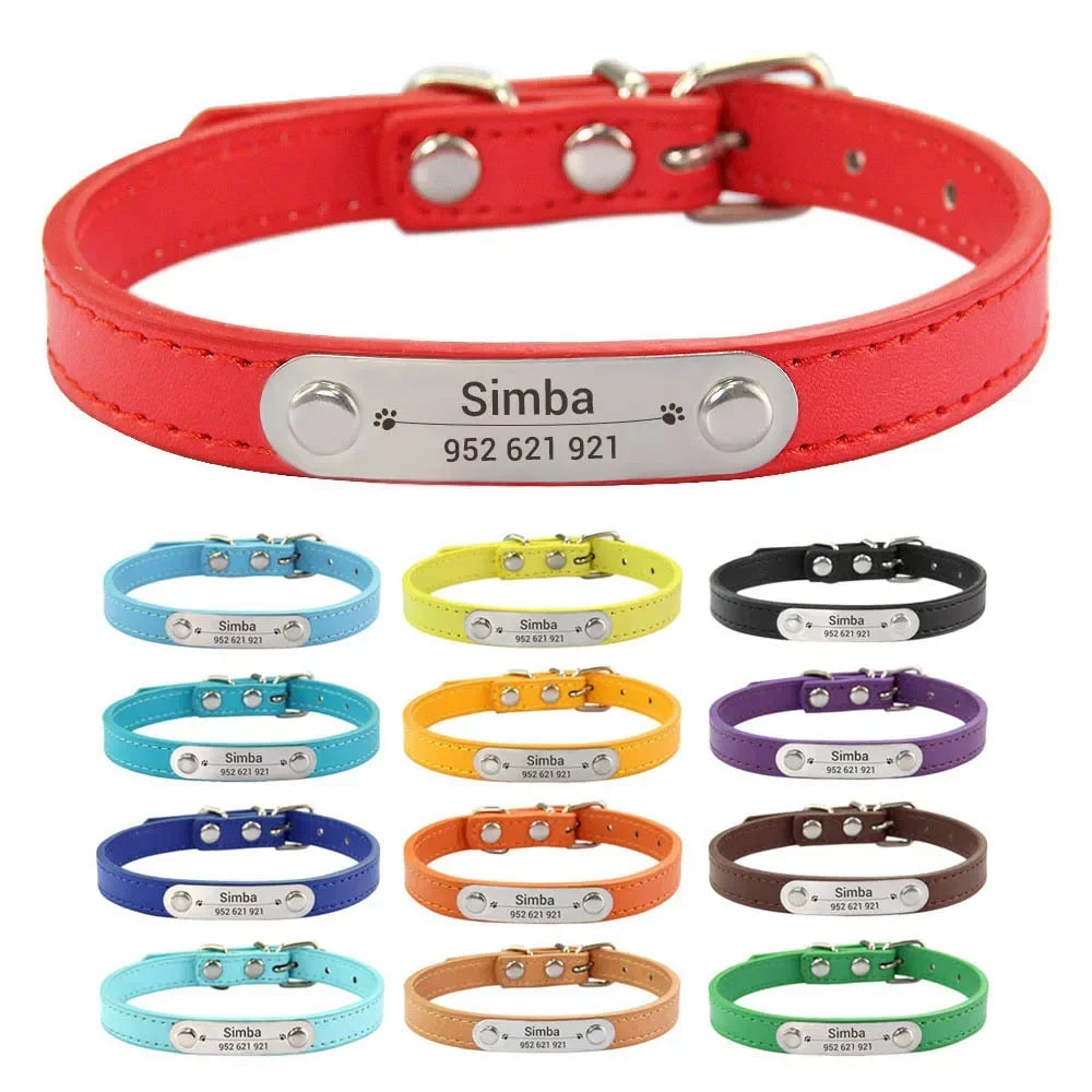 Personalized Dog and Cat Collar Name Carved 16 Colors Solid PU Leather Collar