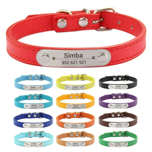 Personalized Dog and Cat Collar Name Carved 16 Colors Solid PU Leather Collar