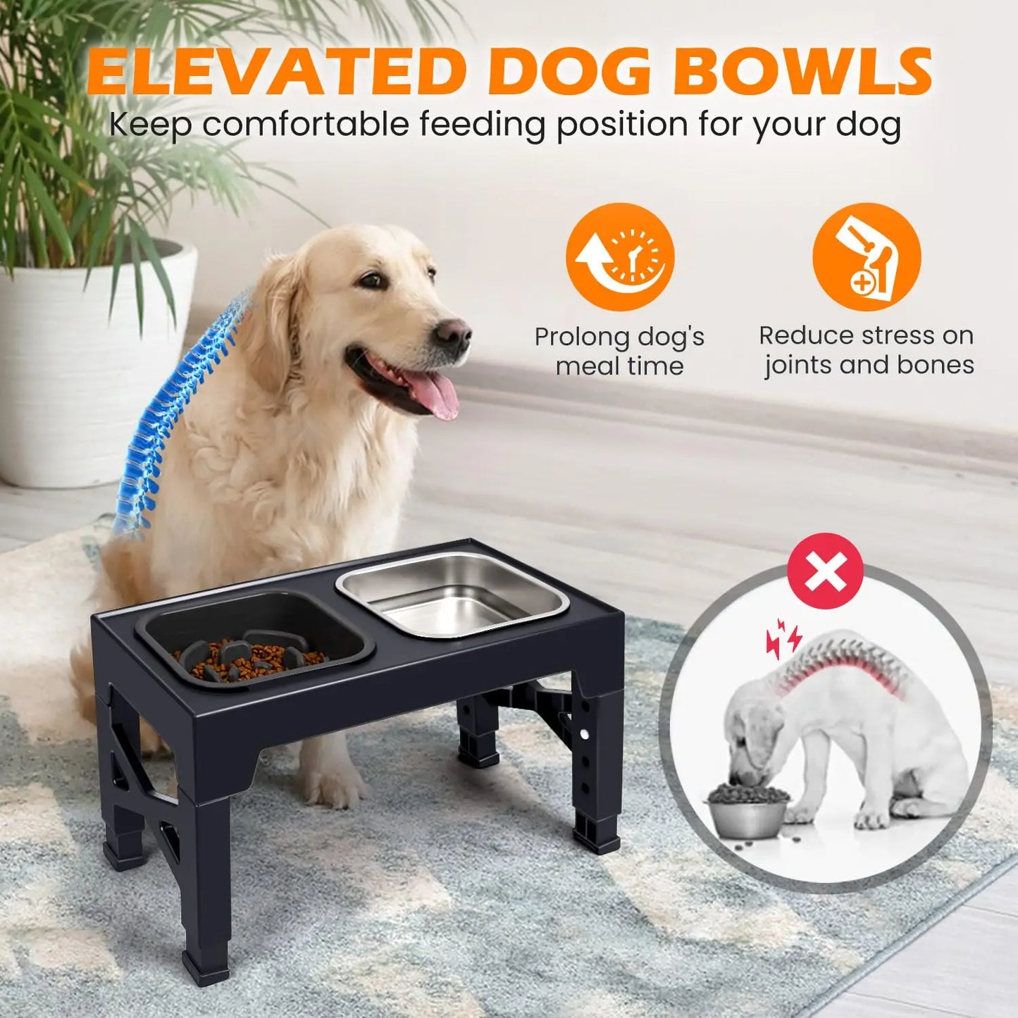 2-in-1 Elevated Slow Feeder Dog Bowls, Non-Slip Stainless Steel/Plastic/ Foldable Stand