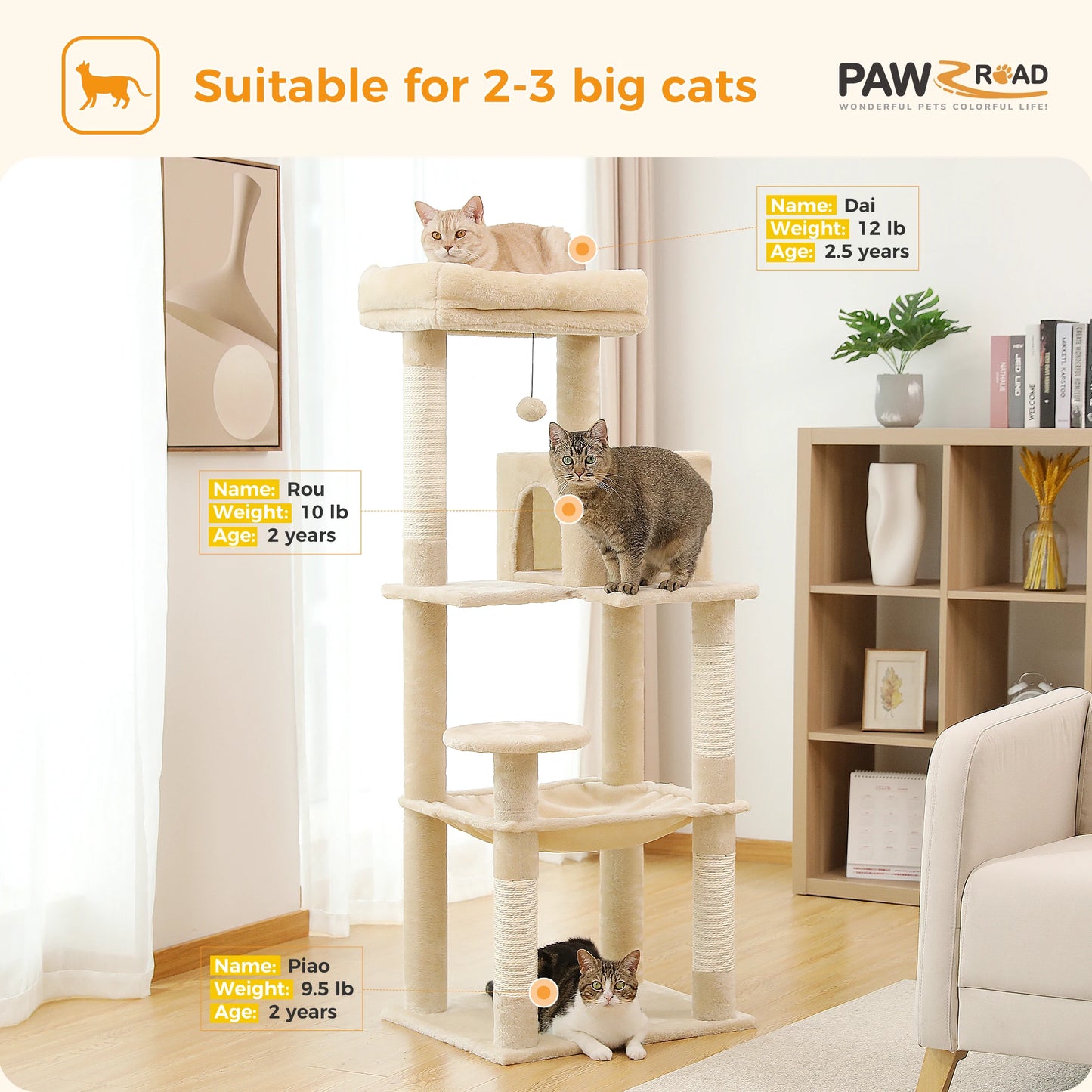 Cat Tree for Indoor, 5-Level Cat Tower for Large Cats, Sisal Covered Scratching Posts